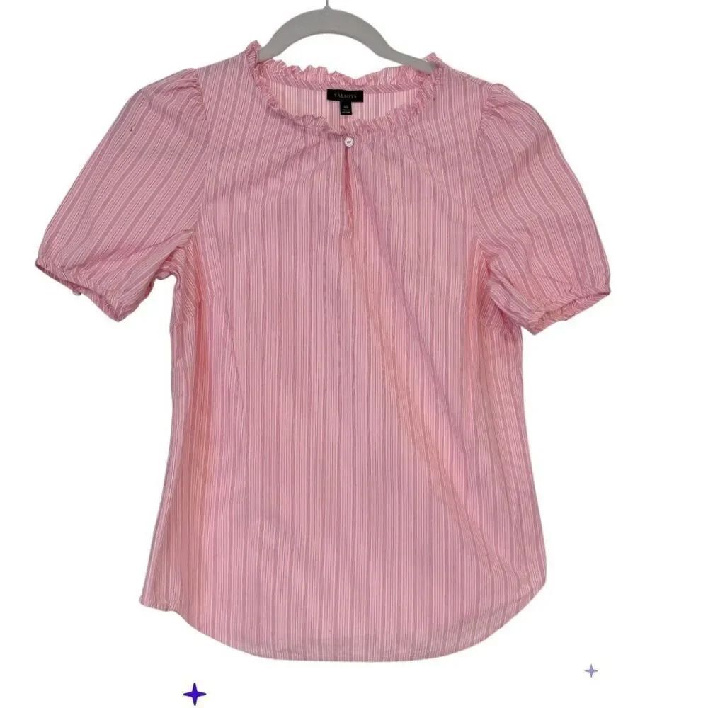 Talbots City Stripe Ruffle Popover Blouse Pink White XS Crisp Lightweight Packab